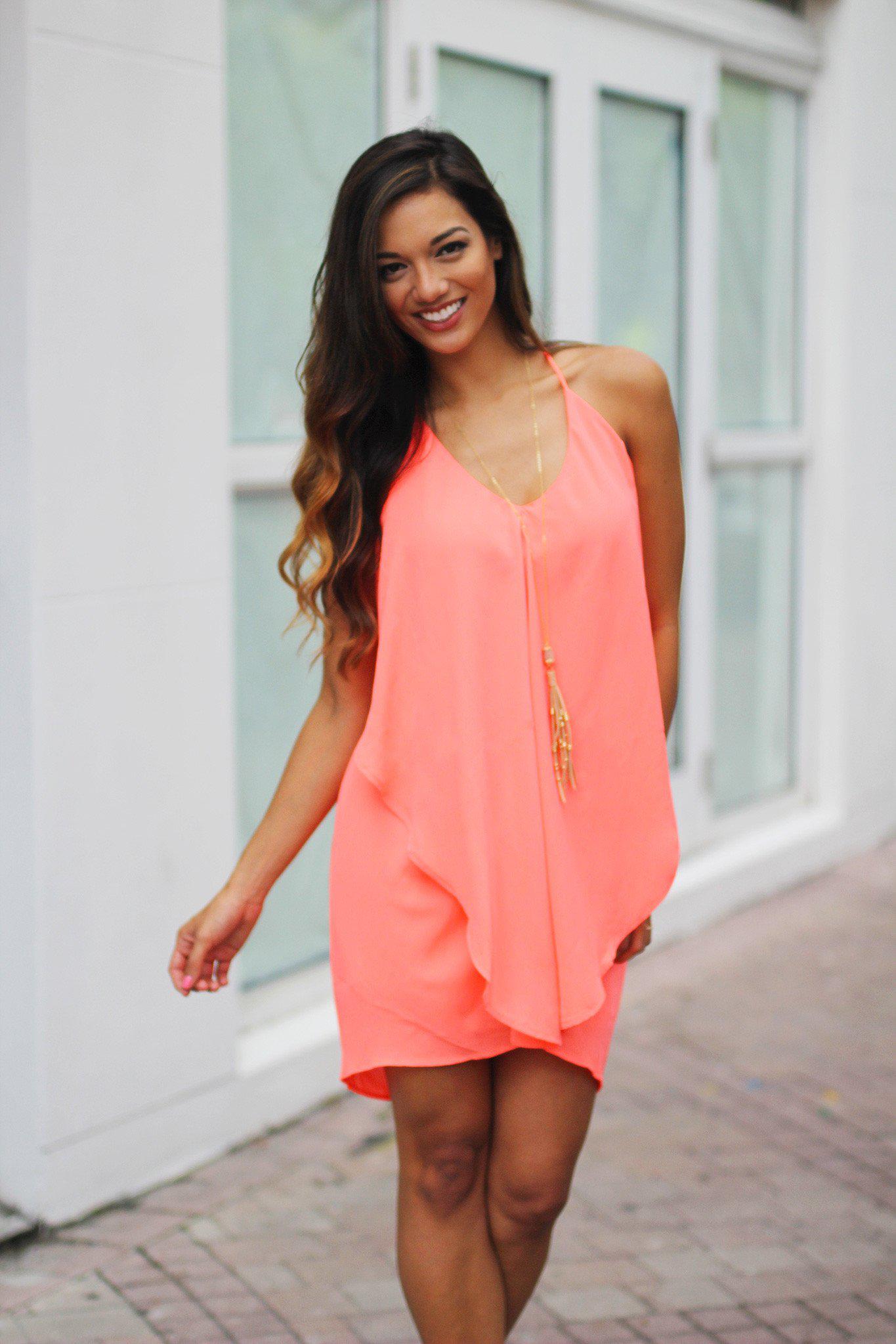 Layered Neon Coral Short Dress