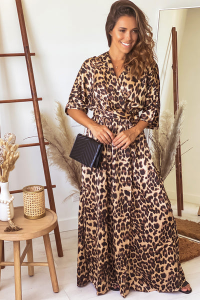 leopard 3/4 sleeves maxi dress