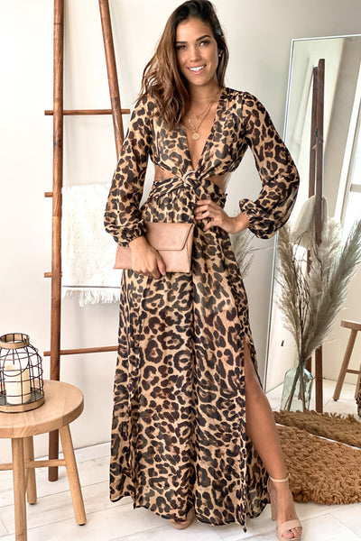 leopard maxi dress with cut outs