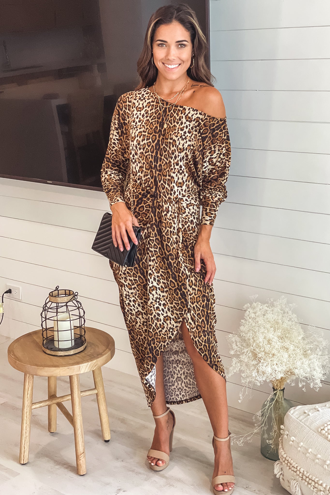 leopard one shoulder ruched dress