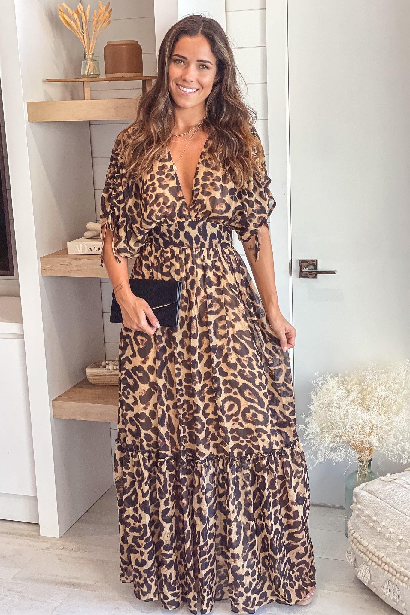 leopard v-neck maxi dress with dolman sleeves