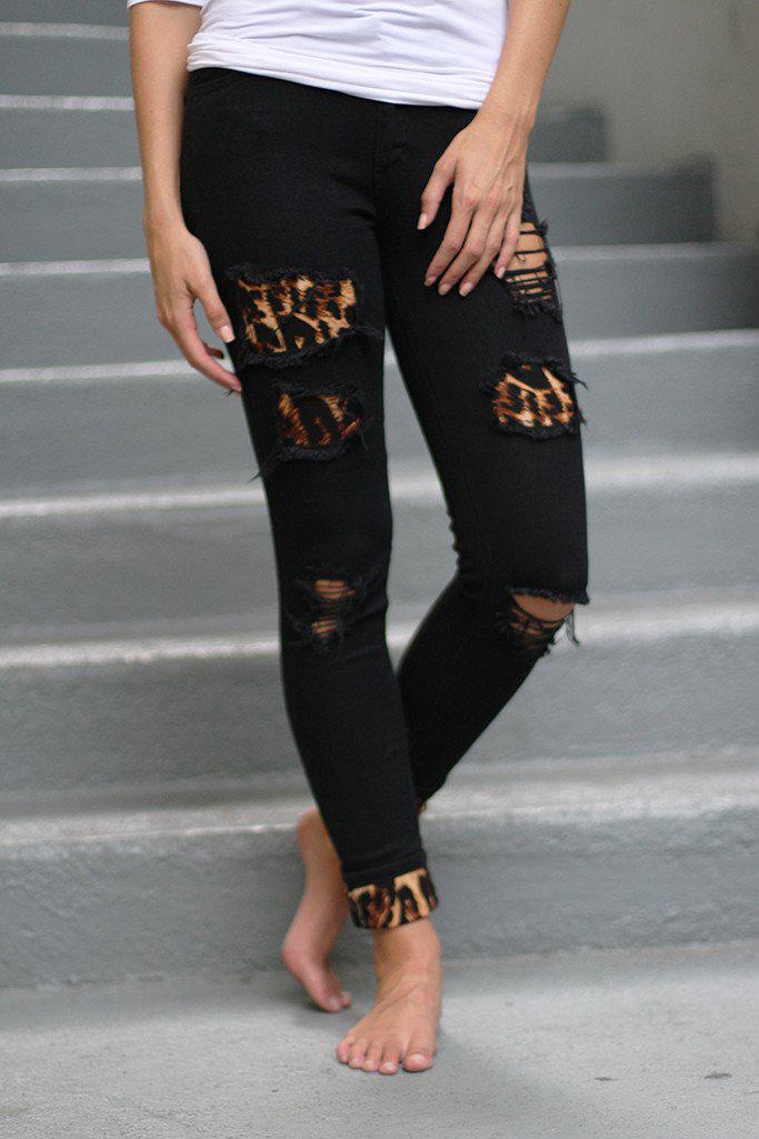 Black Leopard Patch Distressed Jeans