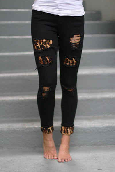 Black Leopard Patch Distressed Jeans