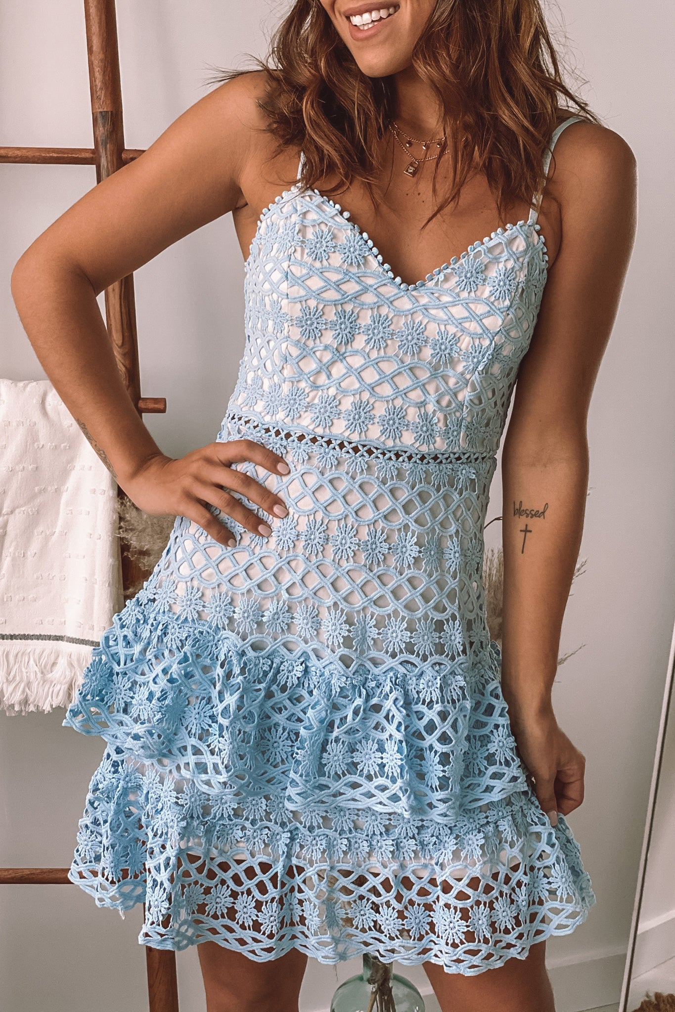 light blue crochet trim ruffled dress