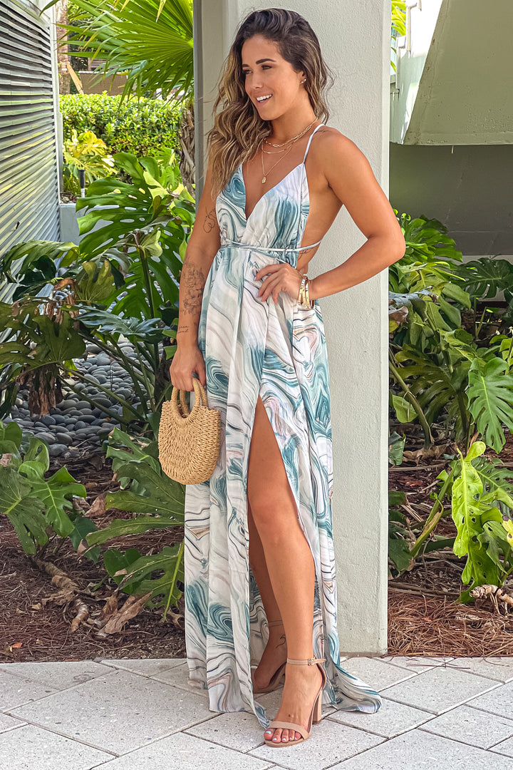 women green marble print halter dress Light Blue Marble Print Halter Neck Maxi Dress With Slit