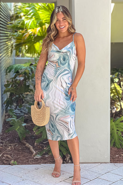 light blue marble print satin dress with open back