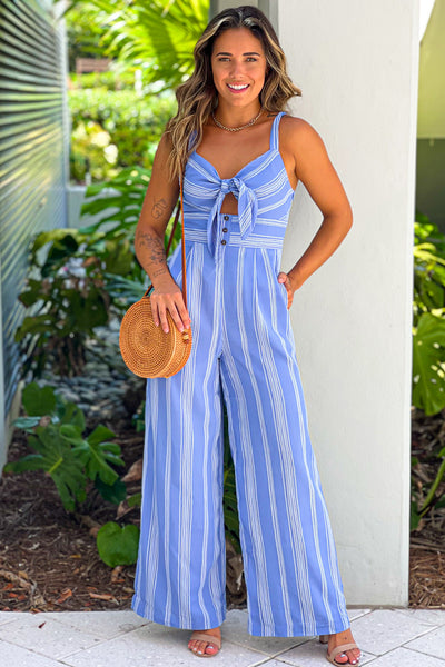 light blue striped jumpsuit with tie front