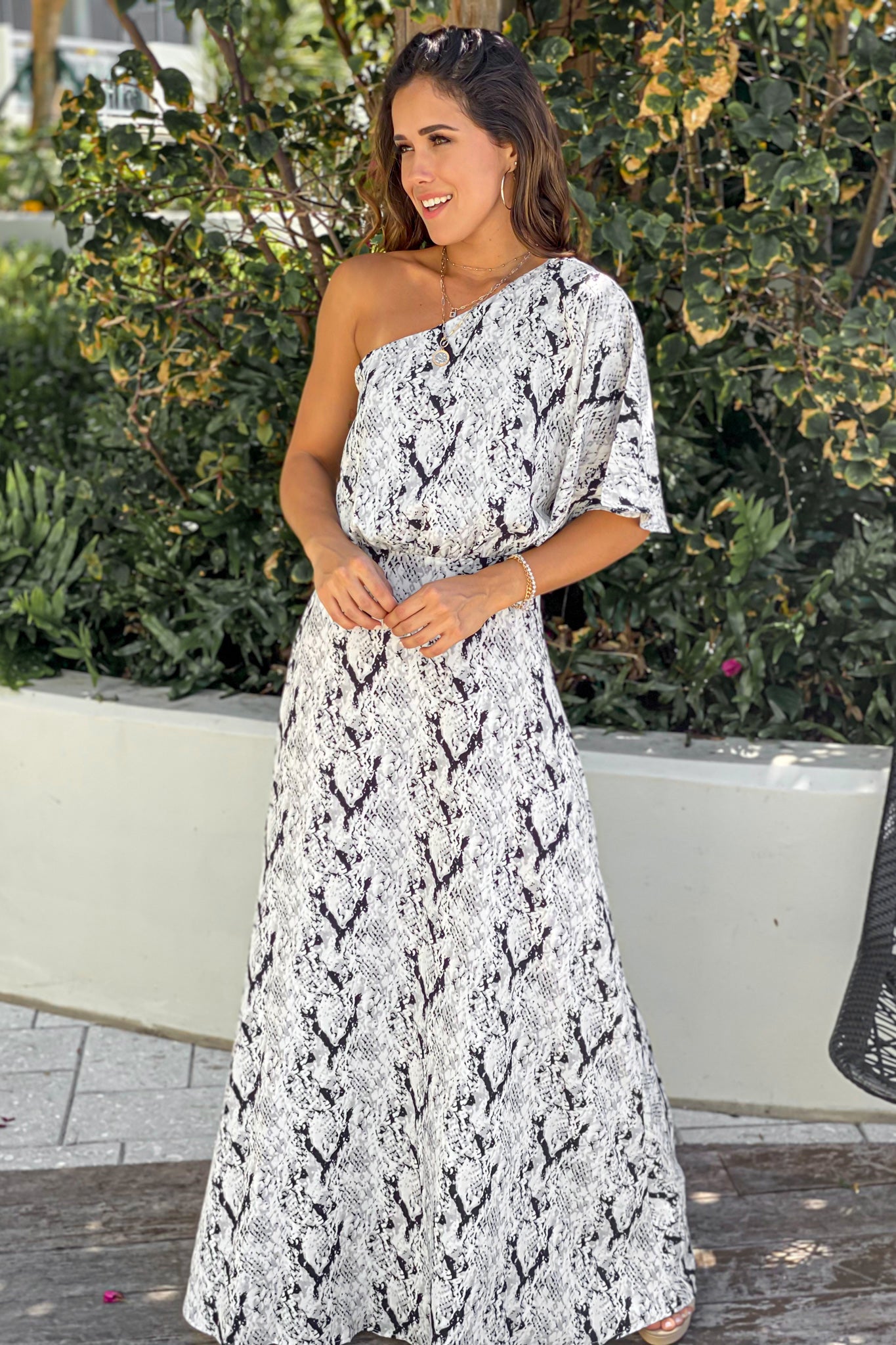 grey one shoulder maxi dress Felicia One Shoulder Twist Front Maxi Dress Shop American Threads Women's Trendy Online Boutique Pewter / L