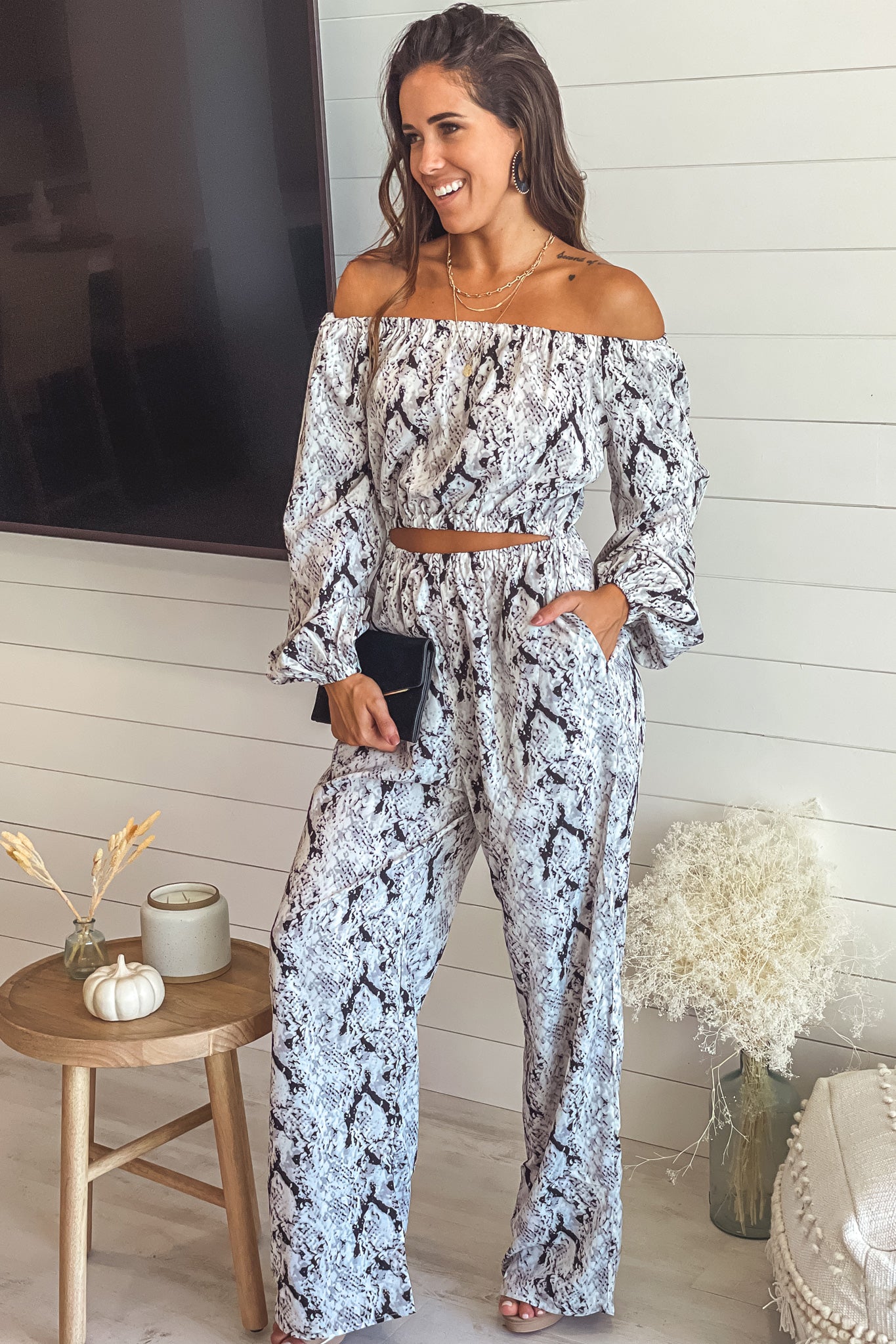 light gray snake print jumpsuit with pockets