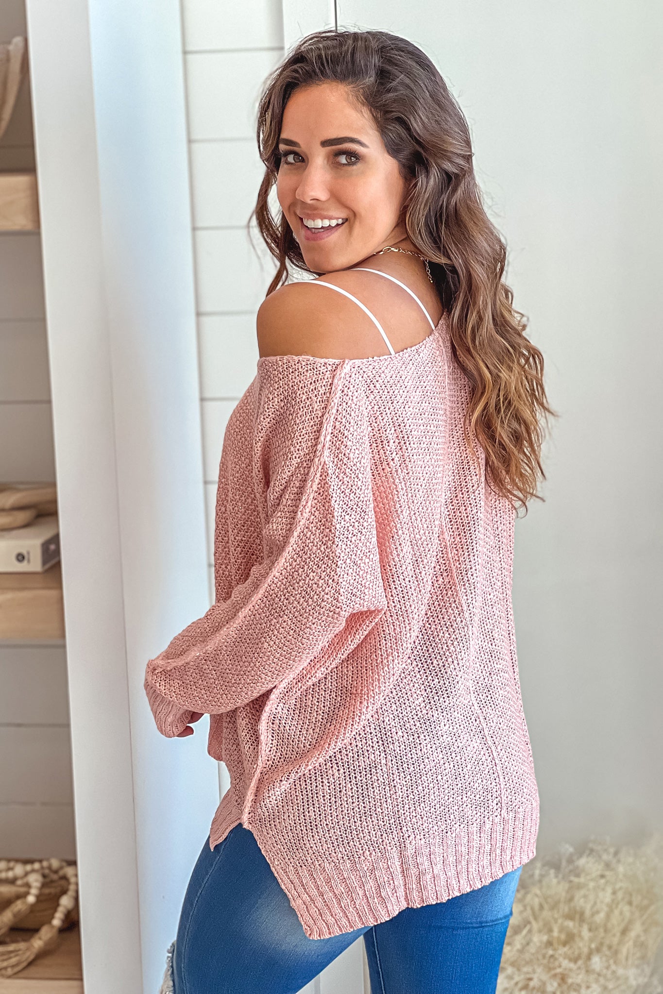 light pink v-neck knit top