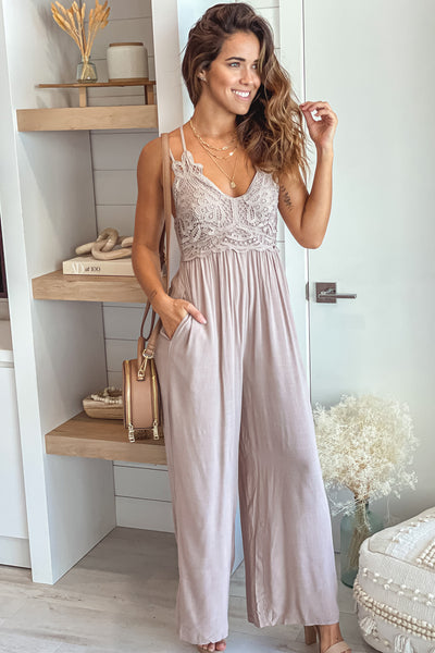 light taupe jumpsuit with pockets
