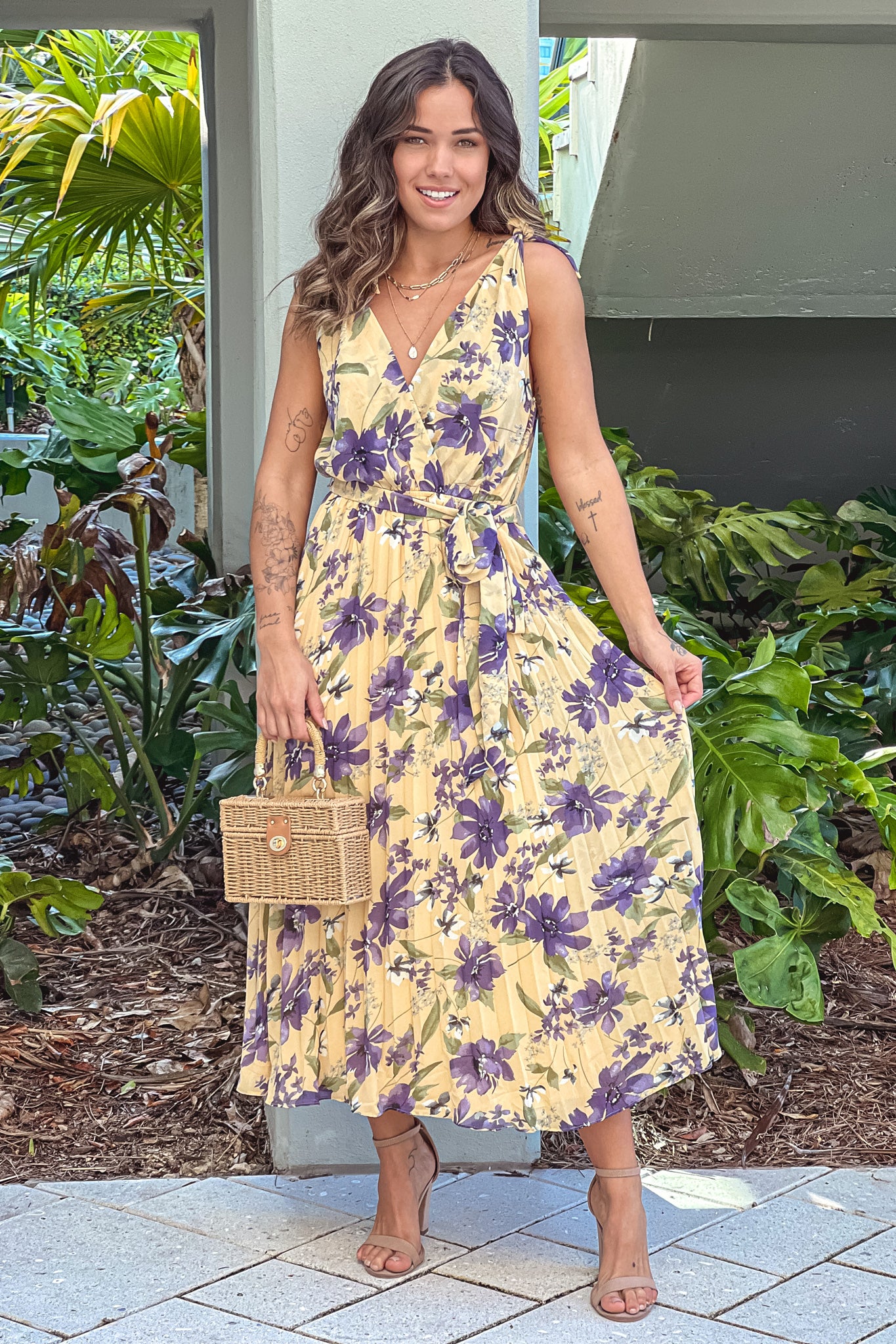 Light Yellow Floral Pleated Midi Dress | Cute Dresses Saved by the Dress Light Yellow Floral Pleated Midi Dress | Cute Dresses Saved by the Dress