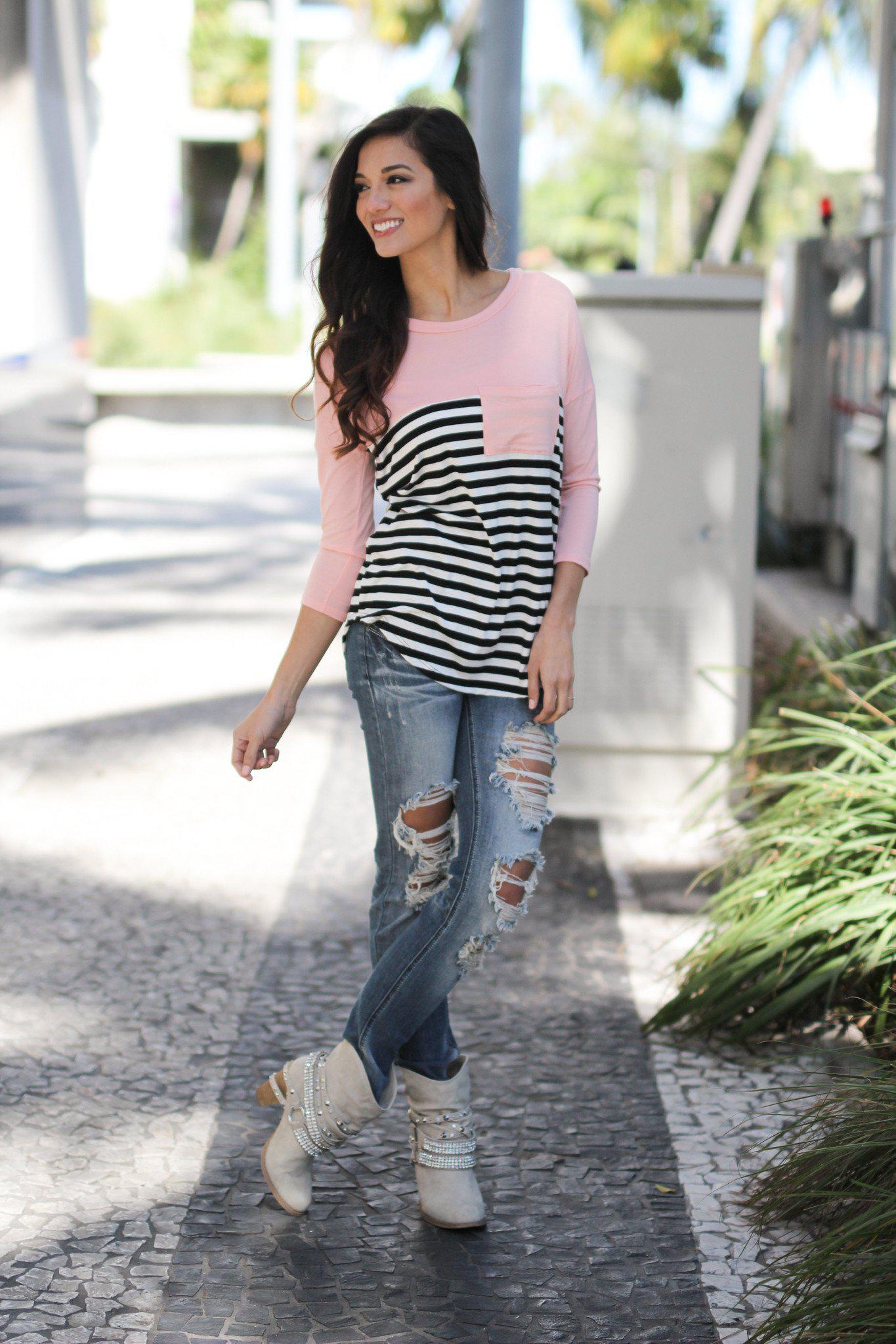 Pink Striped Top with Pocket