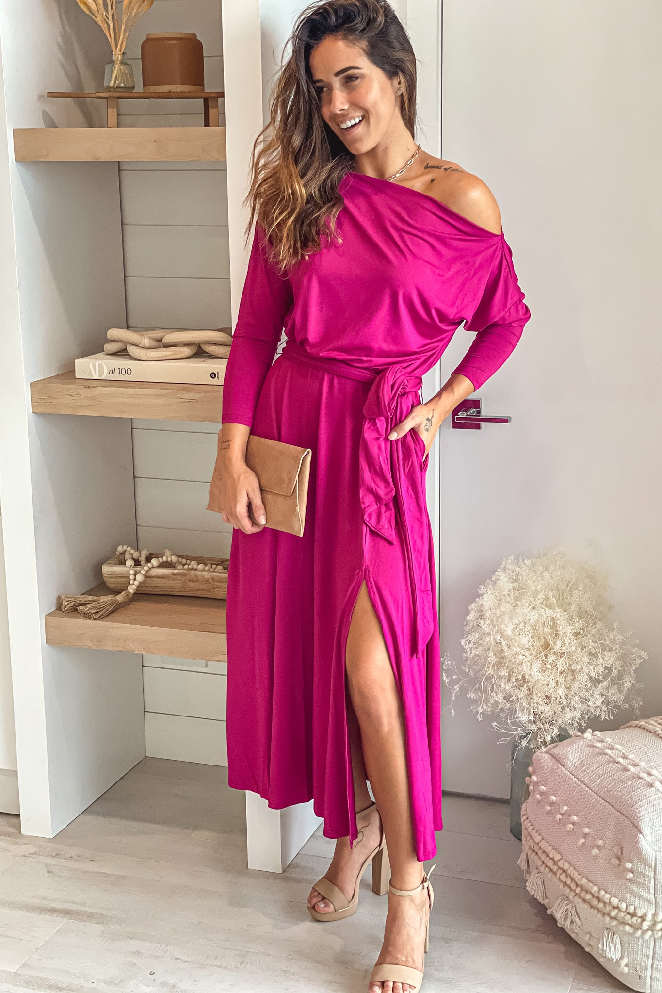 magenta midi dress with long sleeves