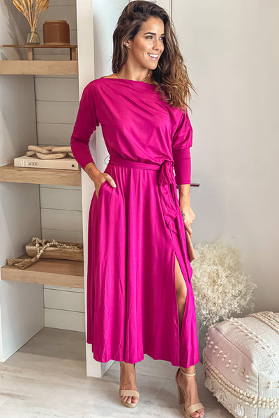 magenta midi dress