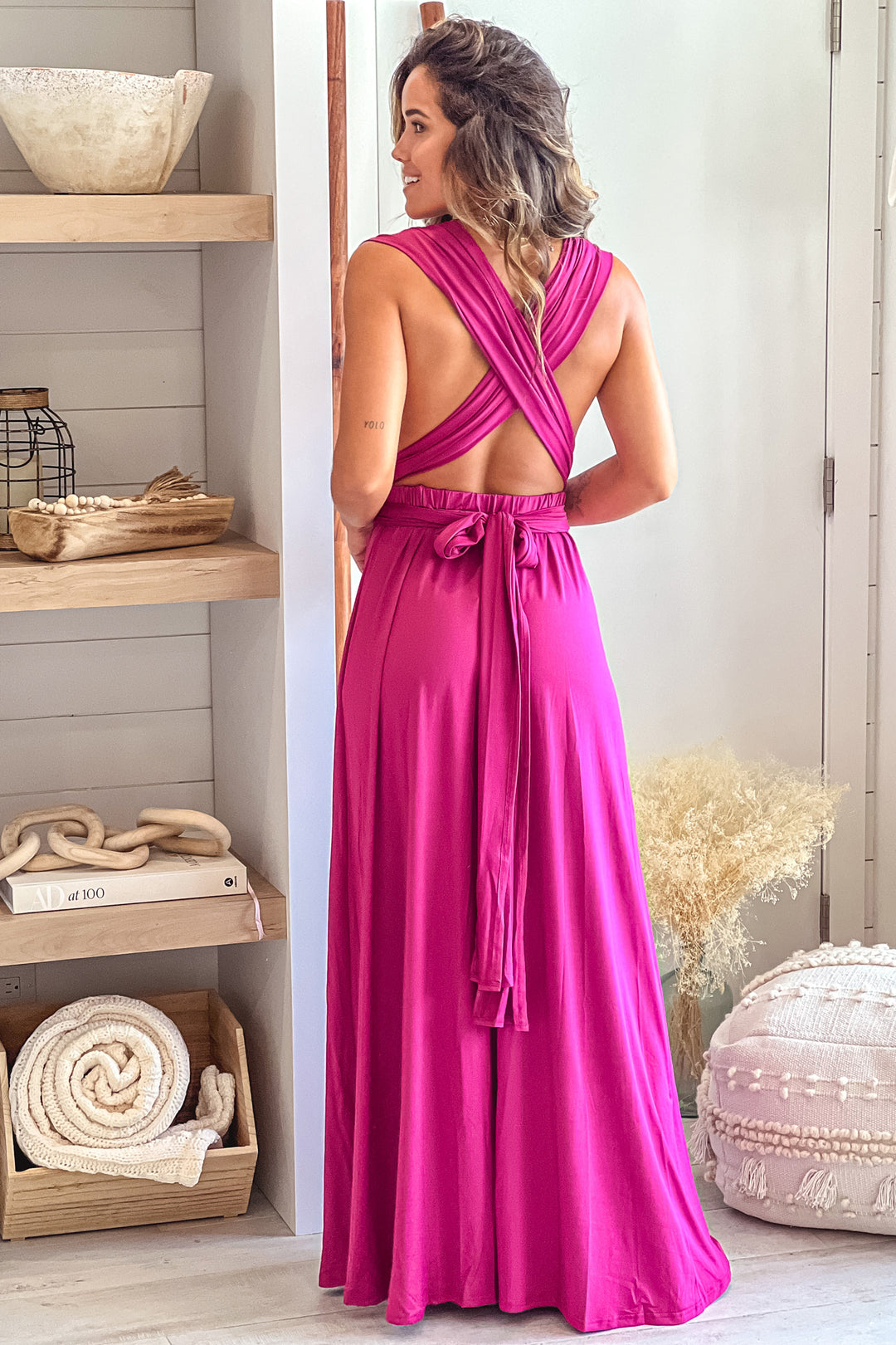 Magenta Multi Tie Maxi Dress With Slit | Magenta Multi Tie