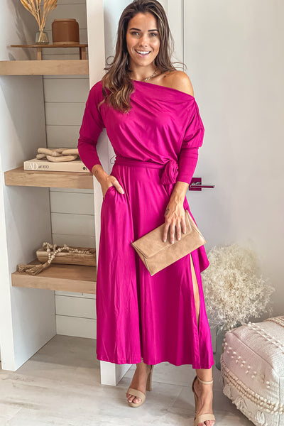 magenta one shoulder midi dress with belt