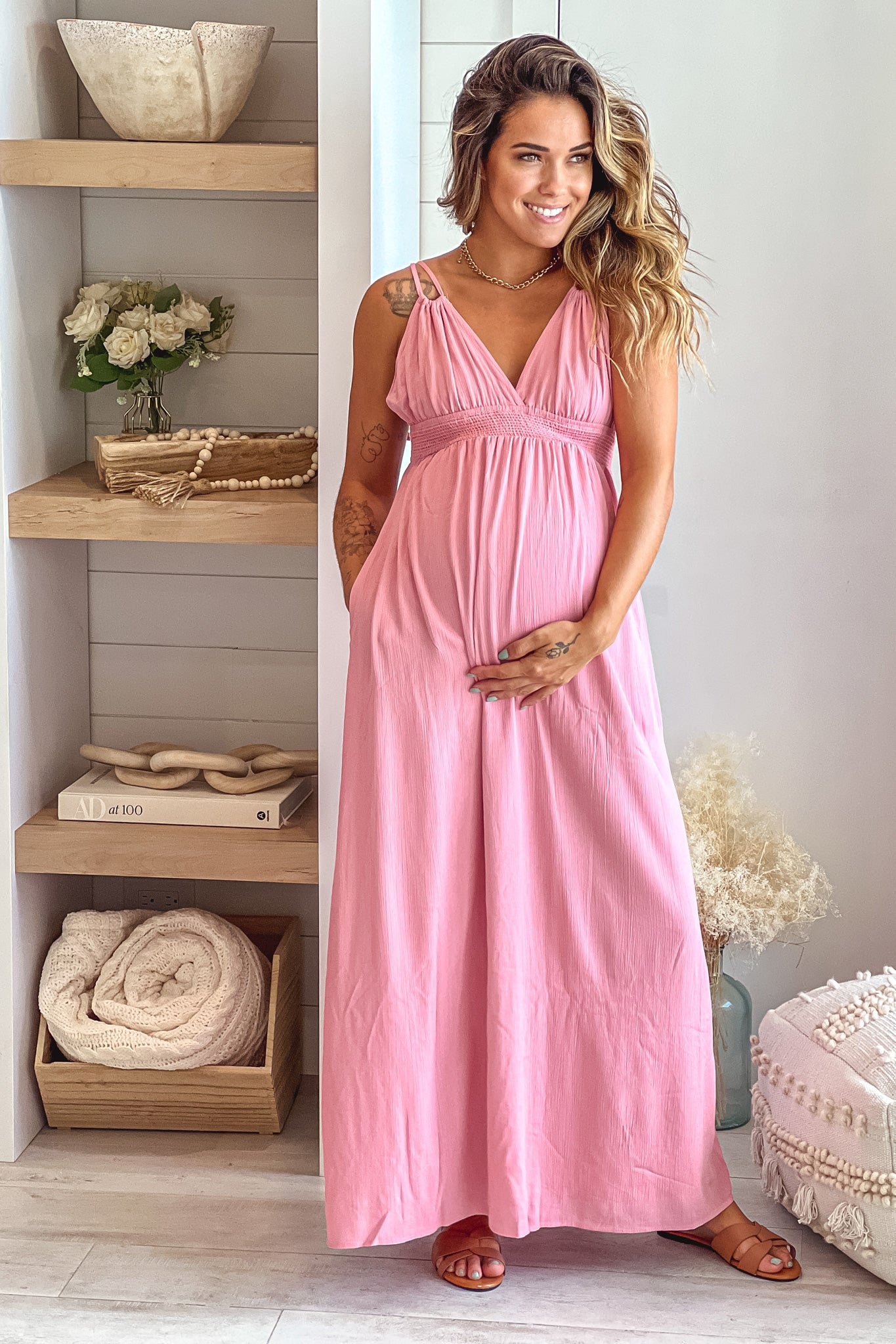light pink maternity dress Rose V Neck Maternity Maxi Dress with Pockets
