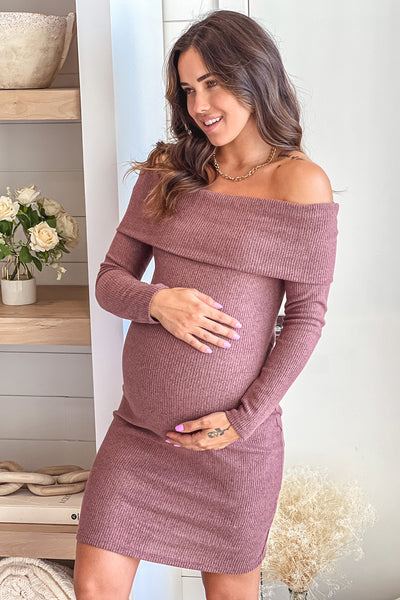 Mauve Off Shoulder Maternity Short Dress with Long Sleeves