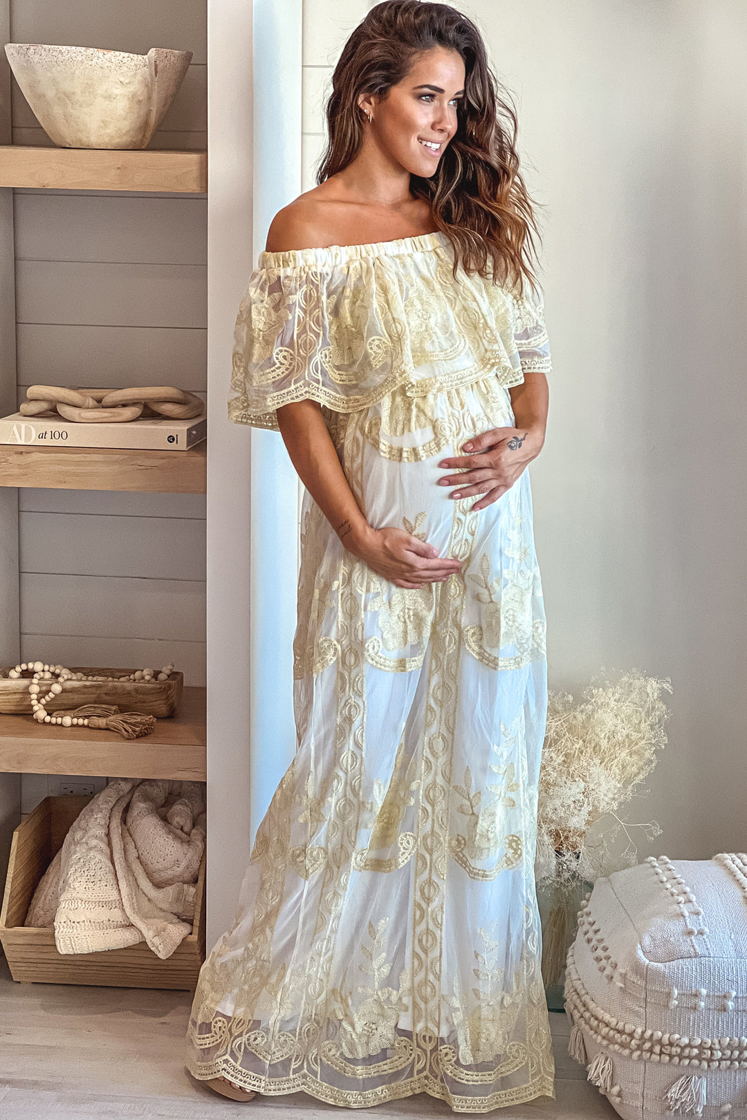 gold lace maternity dress Off White Off Shoulder Mesh Maxi women's birthday outfits