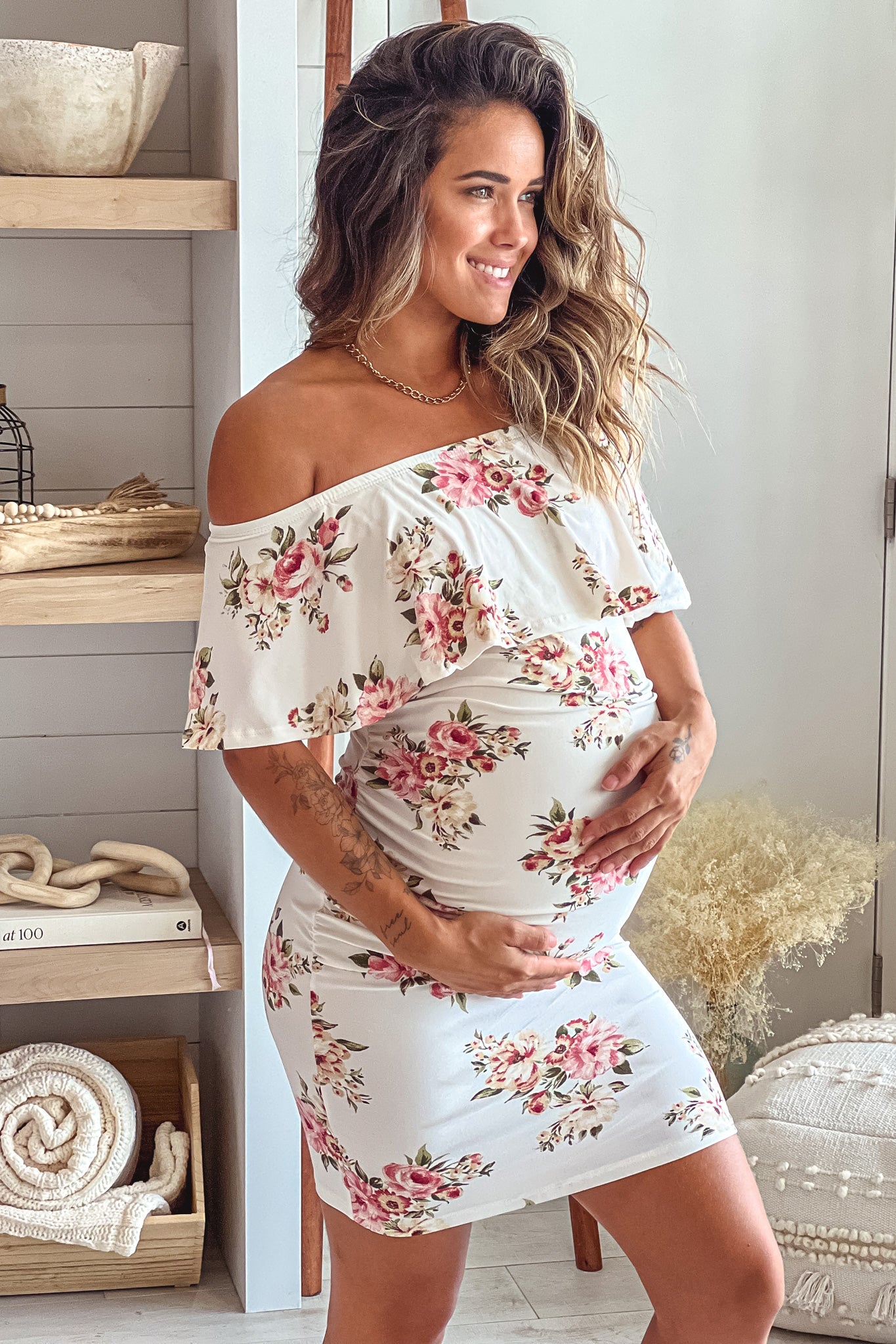 Ivory and Peach Floral Off Shoulder Maternity Short Dress