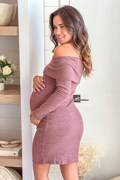 Mauve Off Shoulder Maternity Short Dress with Long Sleeves