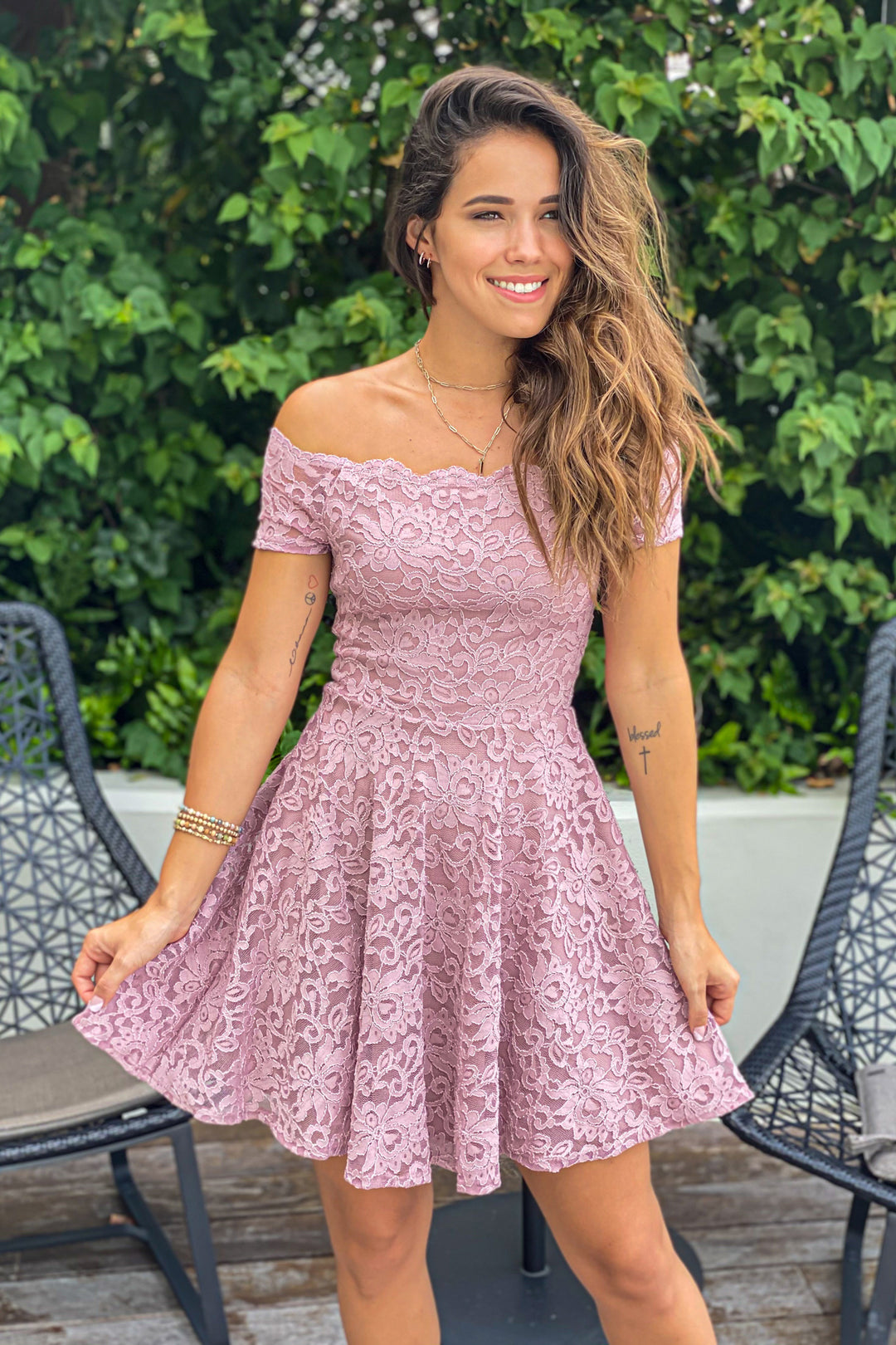 mauve cocktail dress Mauve Off Shoulder Lace Short Dress