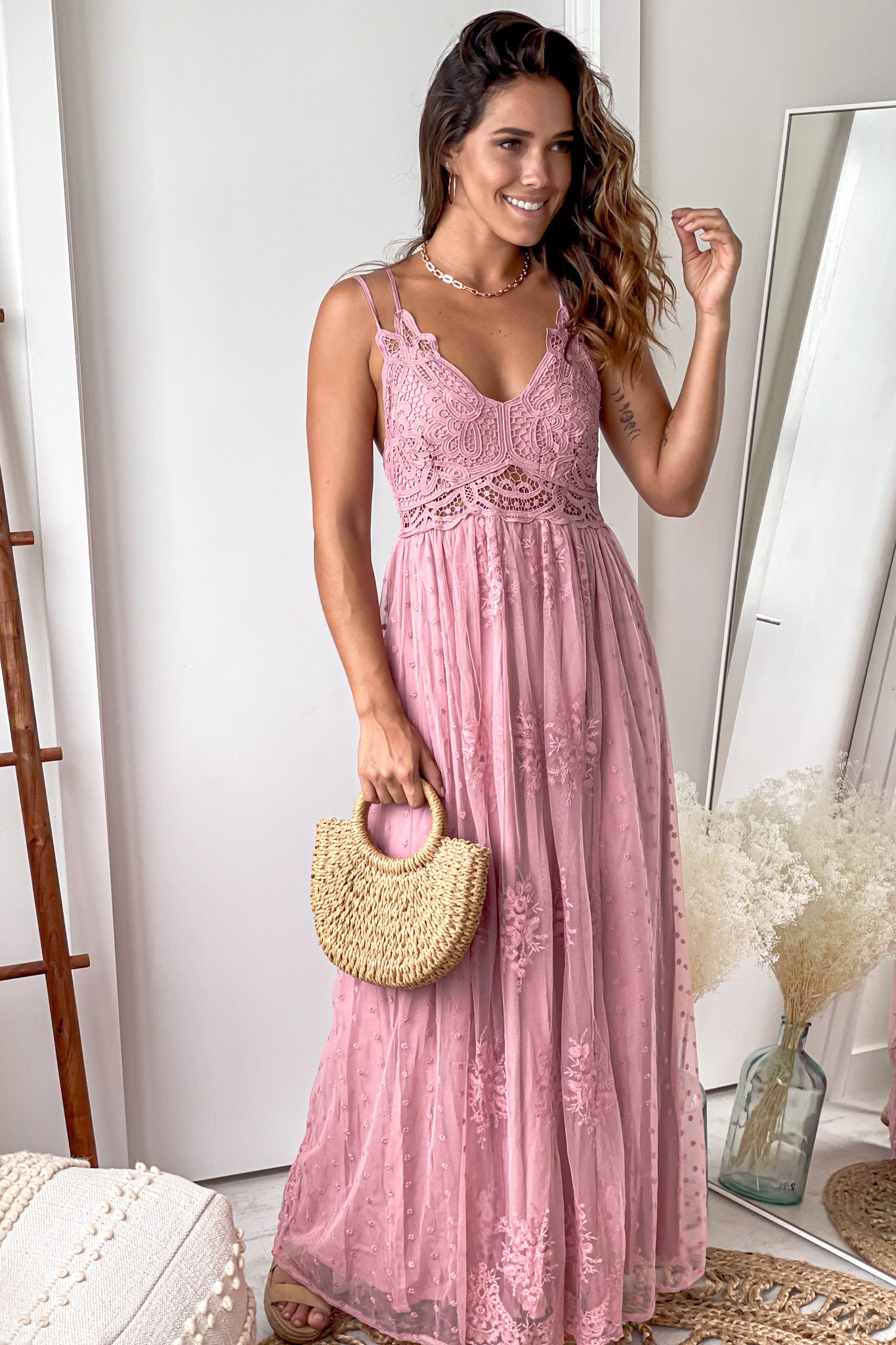 Mauve Lace Maxi Dress With Crochet Top | Maxi Dresses Saved by the Dress Mauve Lace Maxi Dress With Crochet Top | Maxi Dresses Saved by the Dress