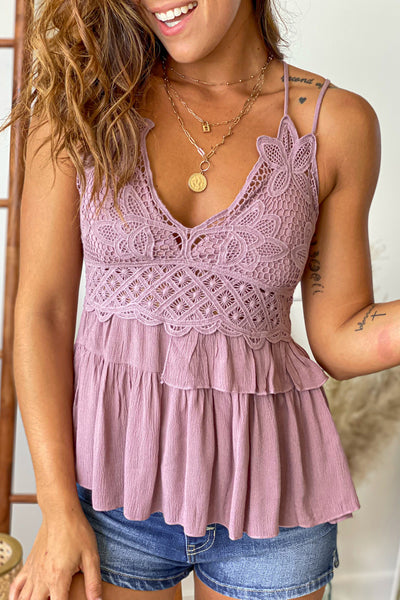 mauve laced top with ruffled hem