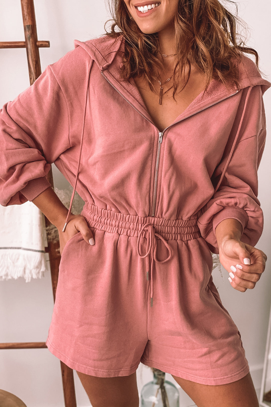 Mauve Long Sleeve Hoodie Romper | Rompers – Saved by the Dress