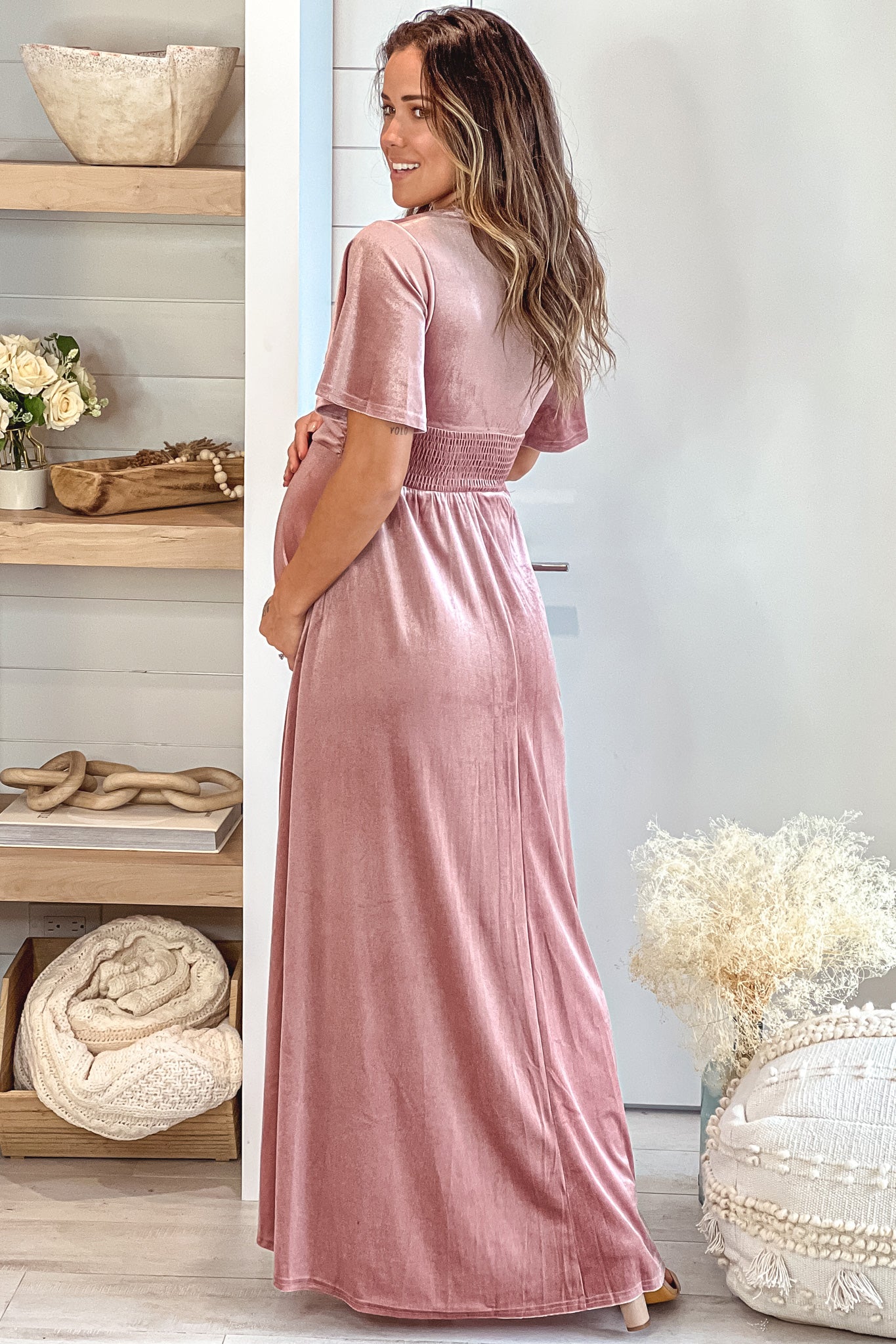 mauve maternity maxi dress