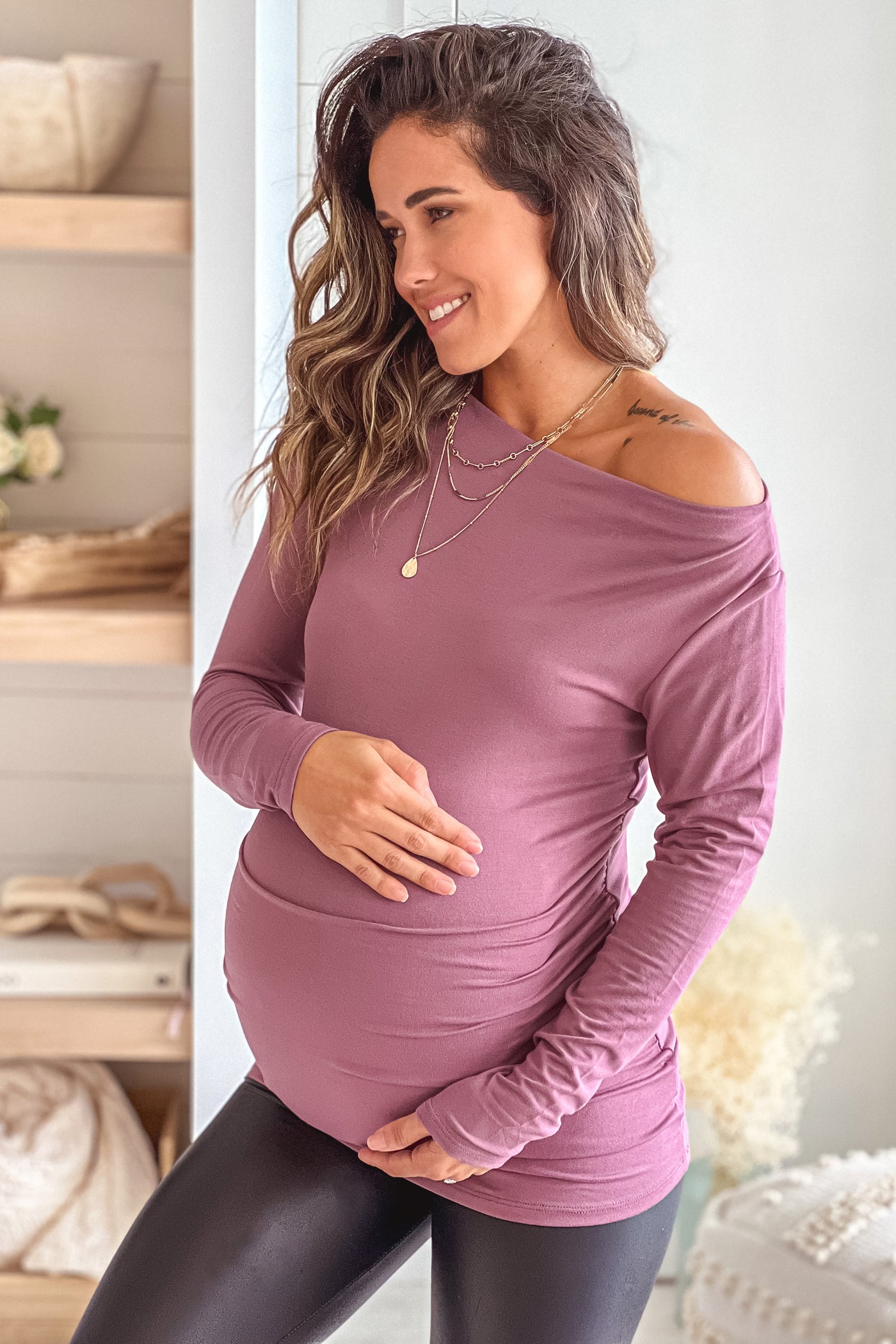 mauve maternity top with ruched side