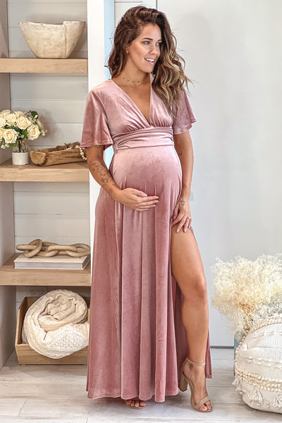 mauve maternity velvet maxi dress