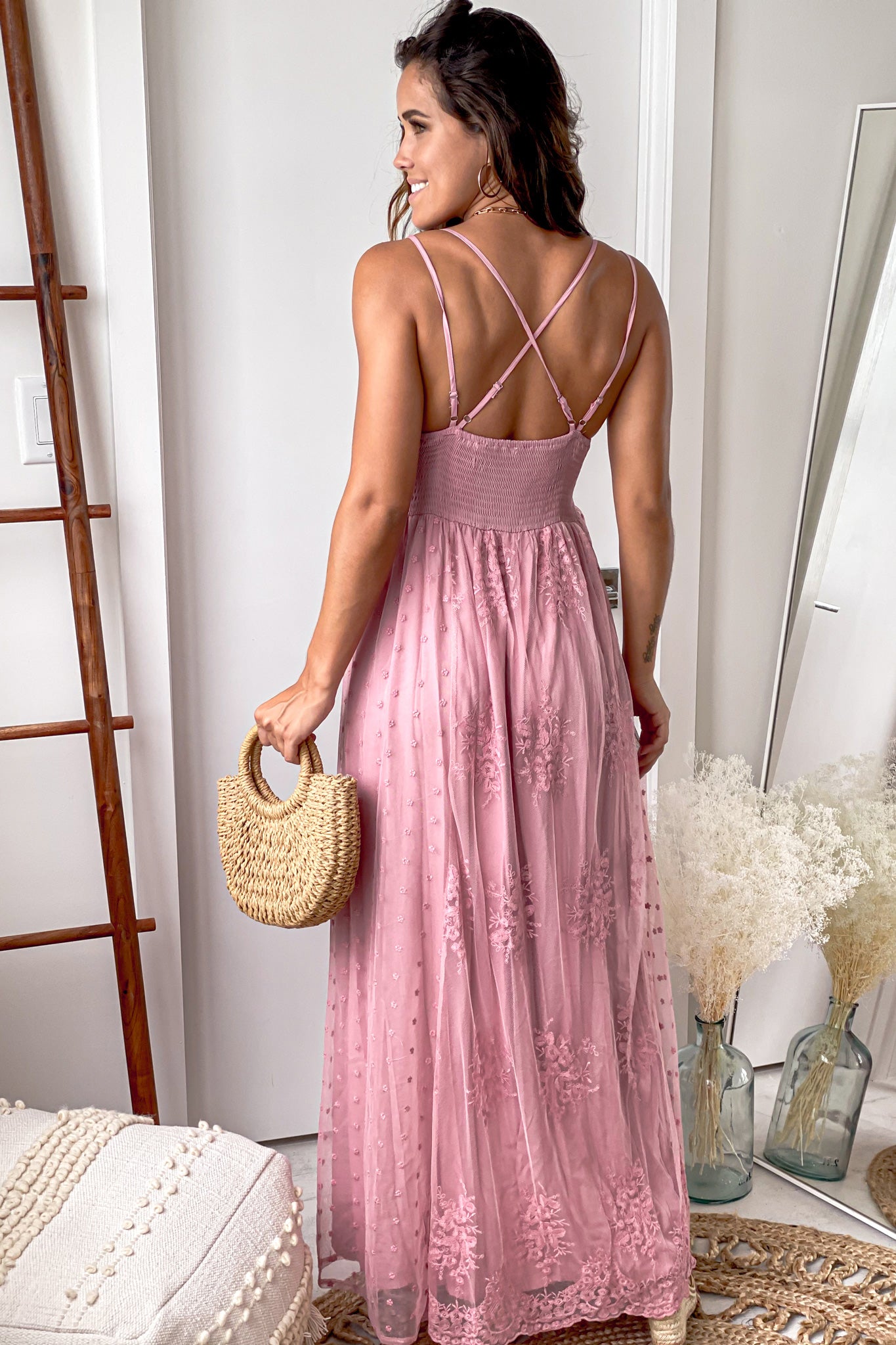 Mauve Lace Maxi Dress With Crochet Top Mauve Lace Maxi Dress With Crochet Top