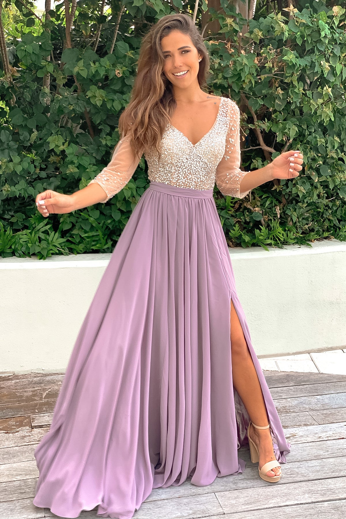 Mauve Maxi Dress with Silver Jewels and 3/4 Sleeves | Formal Dresses Saved by the Dress Mauve Maxi Dress with Silver Jewels and 3/4 Sleeves | Formal Dresses Saved by the Dress