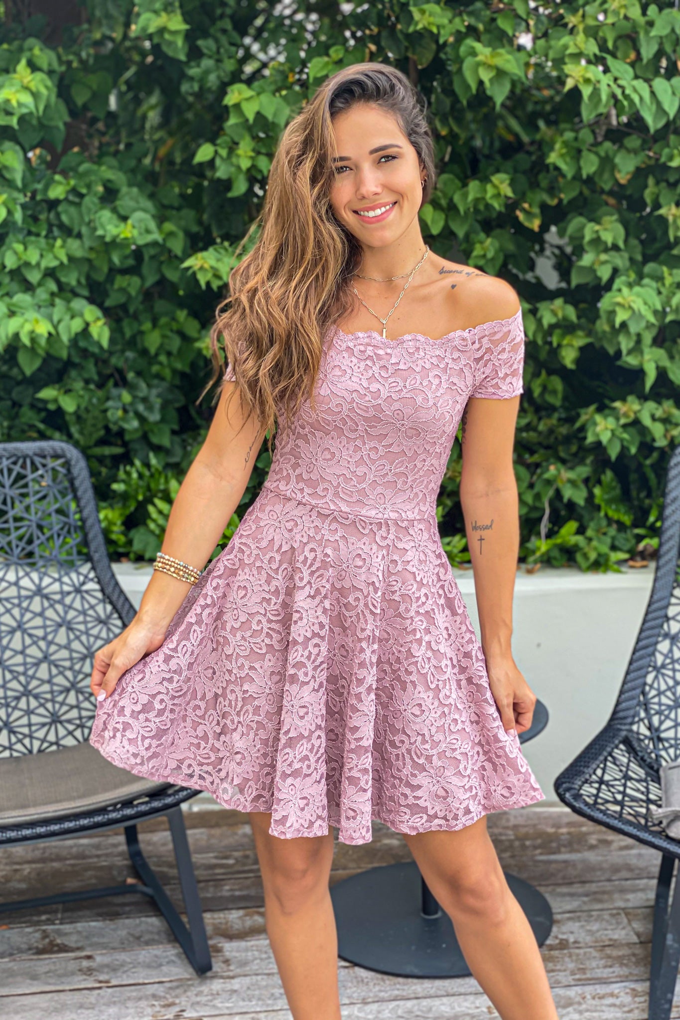 Mauve Off Shoulder Lace Short Dress | Short Dresses Saved by the Dress Mauve Off Shoulder Lace Short Dress | Short Dresses Saved by the Dress