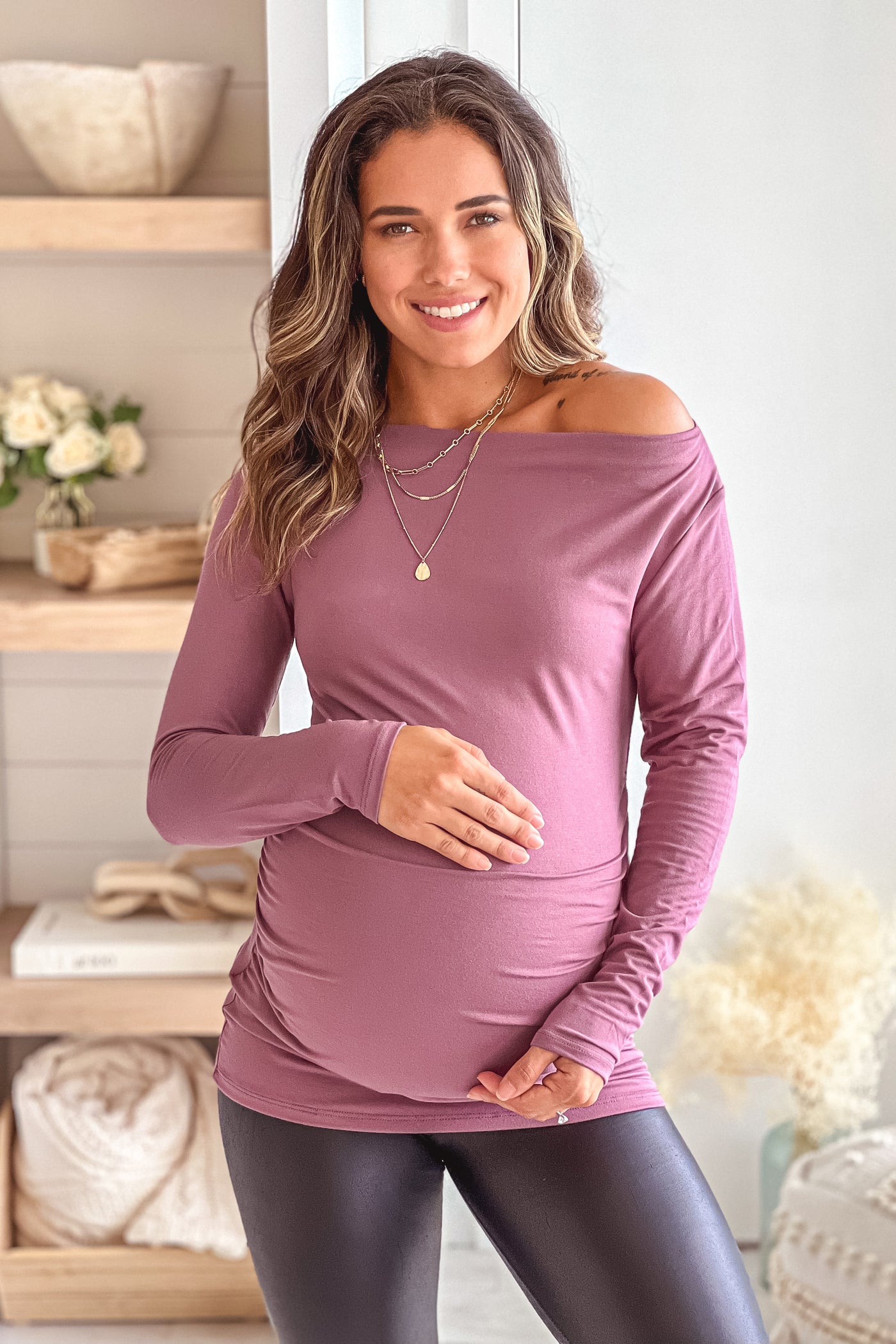mauve off shoulder maternity top with ruched side
