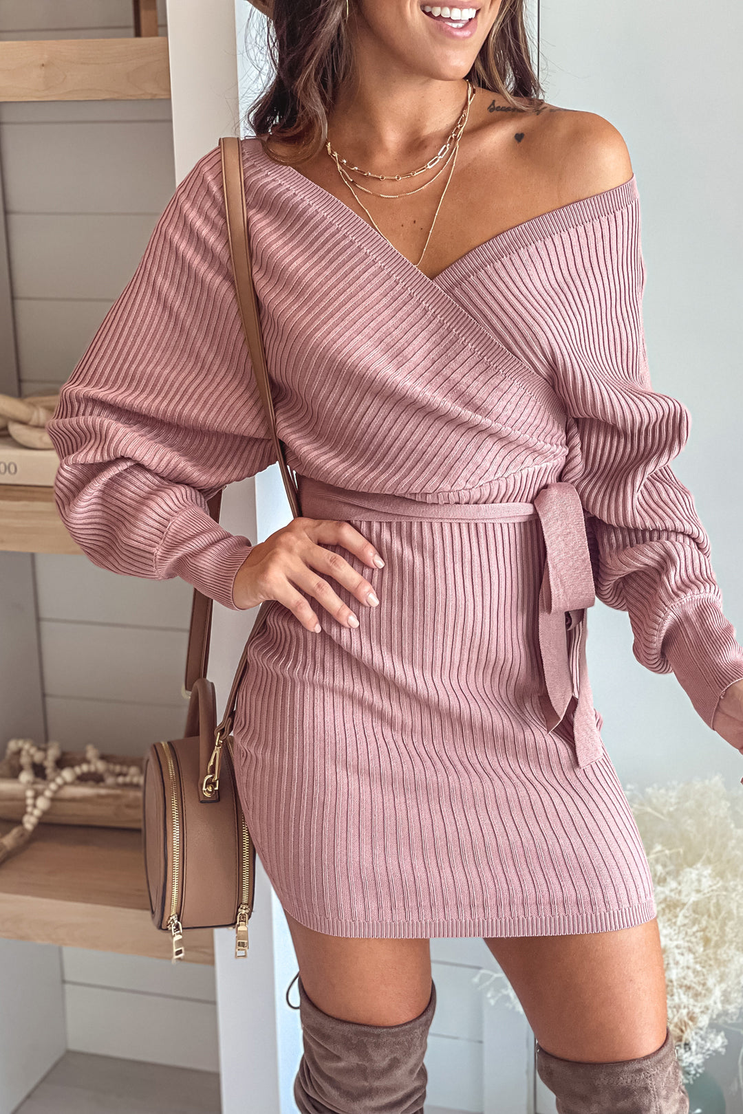 Mauve Ribbed Short Dress with Long Sleeves