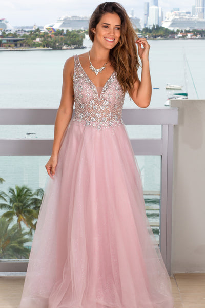 mauve shimmer maxi dress with silver jewels