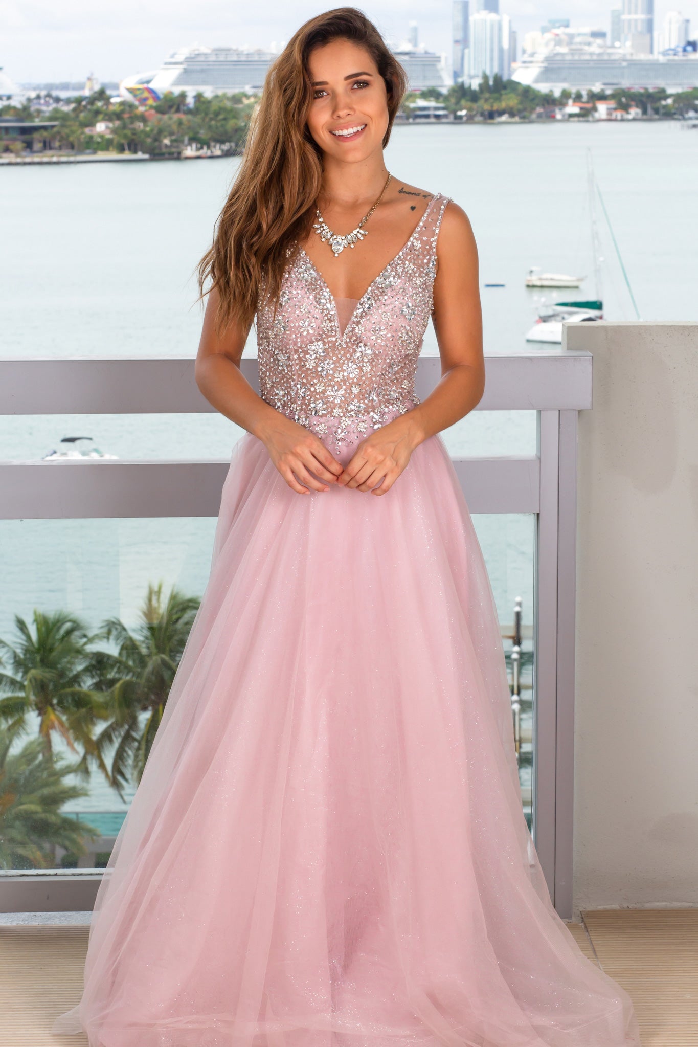mauve shimmer prom dress