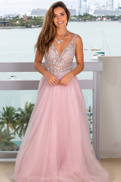 mauve shimmer prom dress