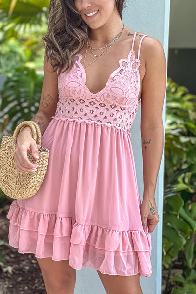 mauve short dress with crochet top and criss cross back