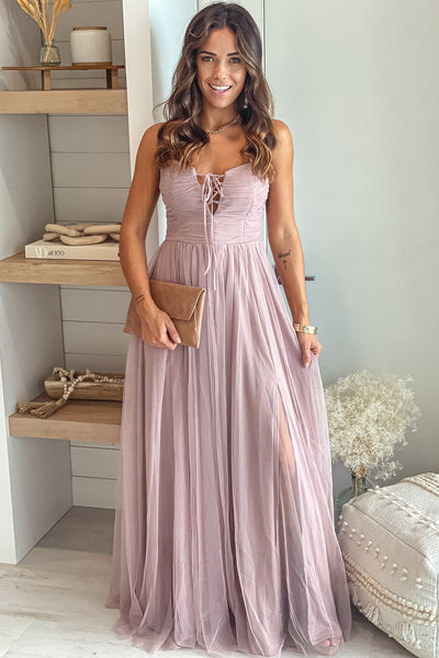 mauve tulle maxi dress with front tie