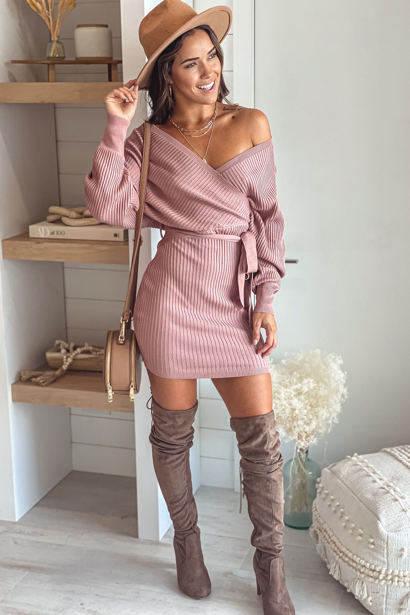 Mauve Ribbed Short Dress with Long Sleeves