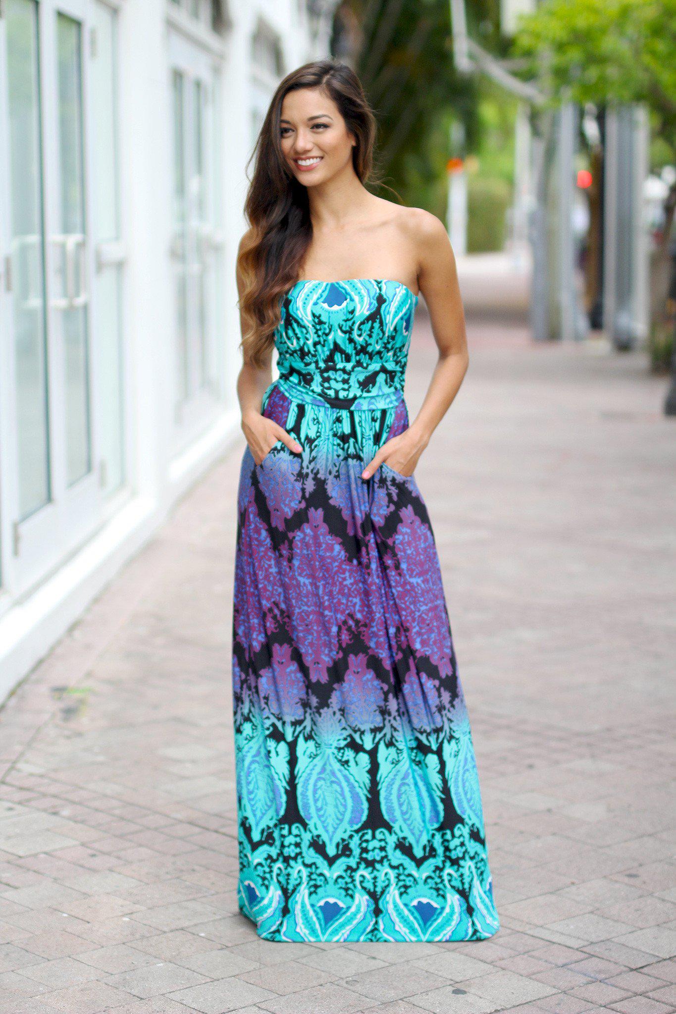 Aqua and Purple Strapless Maxi Dress