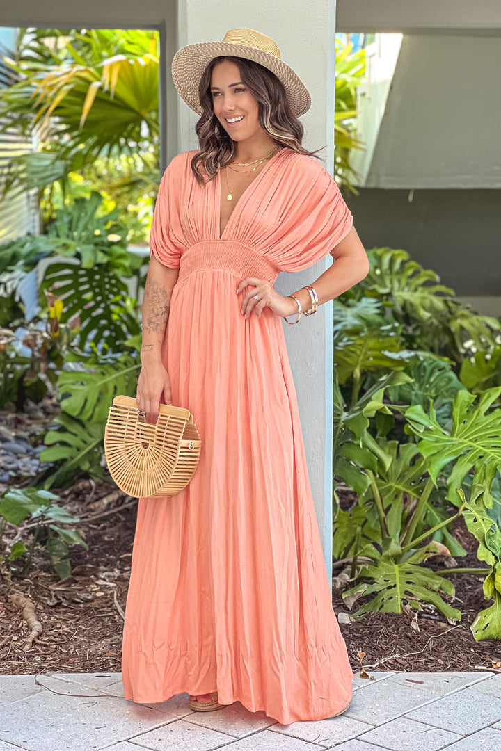 women's short maxi dresses Melon Maxi Dress With Short Sleeves