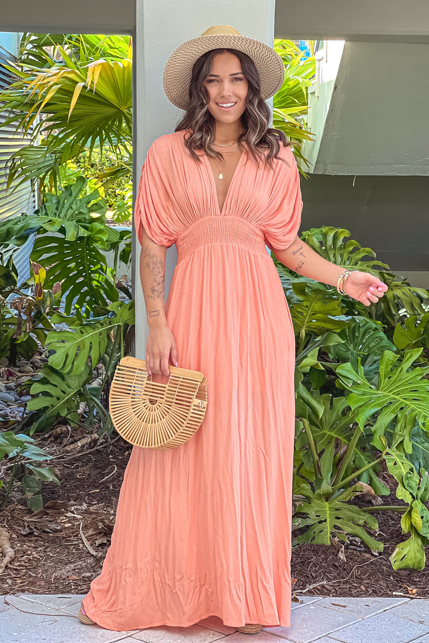 Melon Maxi Dress With Short Sleeves