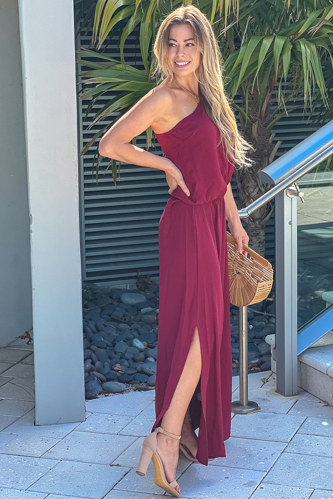Merlot One Shoulder Maxi Dress With Slit