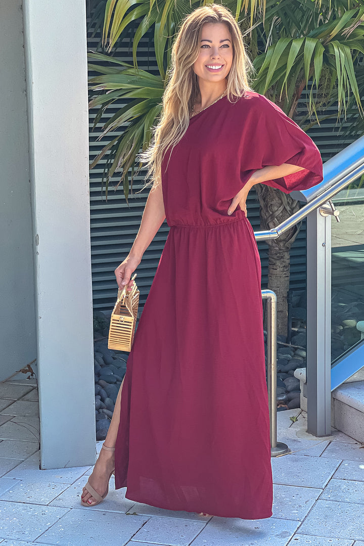 Merlot One Shoulder Maxi Dress With Slit