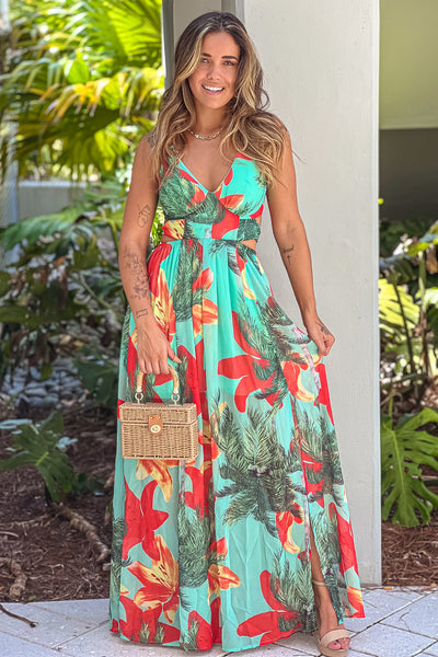 mint floral chiffon maxi dress with open back